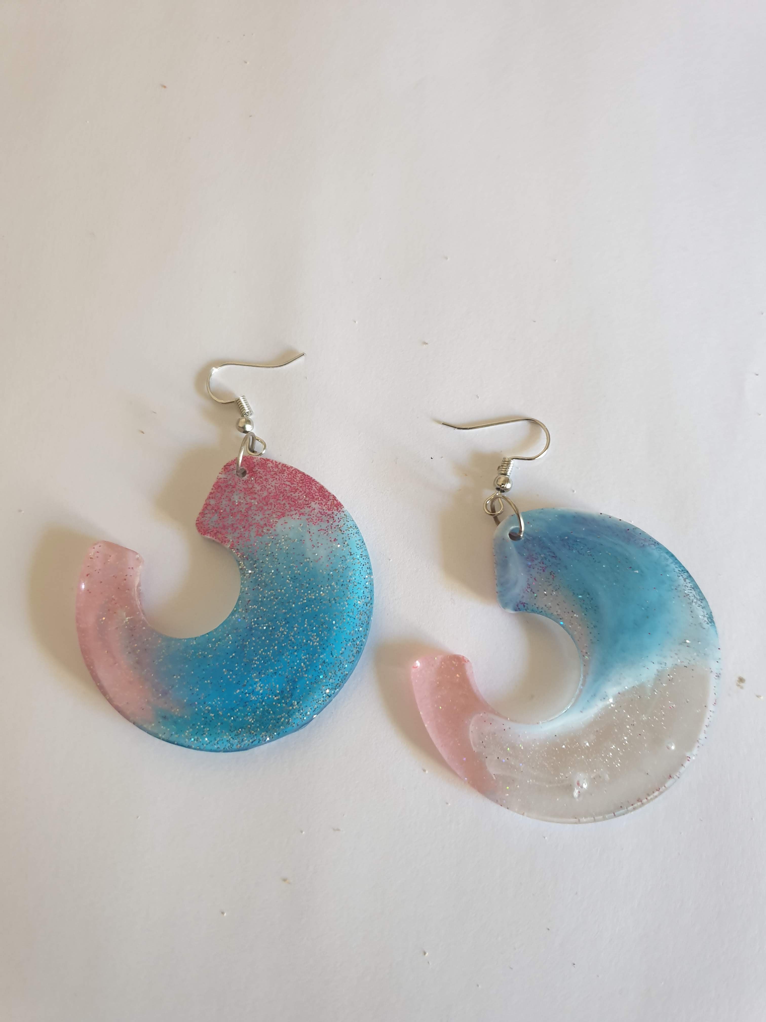 Boucles d'Oreilles Trapèze Bicolore Rose Bleu - Résine Dégradé