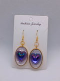 Boucles d'oreilles pendantes ovale résine époxy cœur violet plaquées or