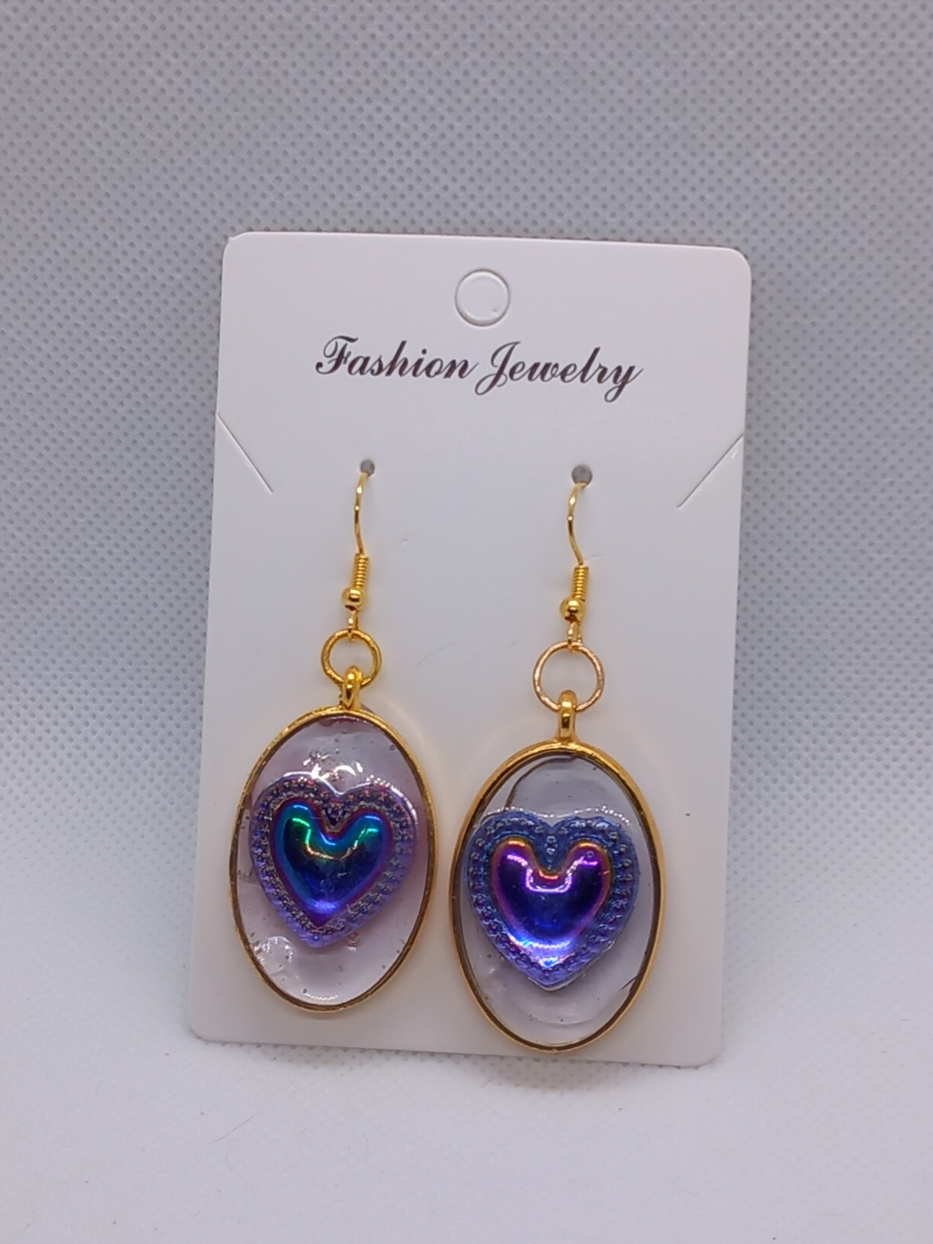 Boucles d'oreilles pendantes ovale résine époxy cœur violet plaquées or